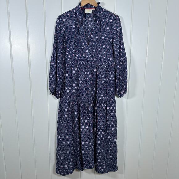 Anthropologie Maeve Dress Small Blue Midi Length Tiered Pockets Long Sleeve Boho - Picture 1 of 10